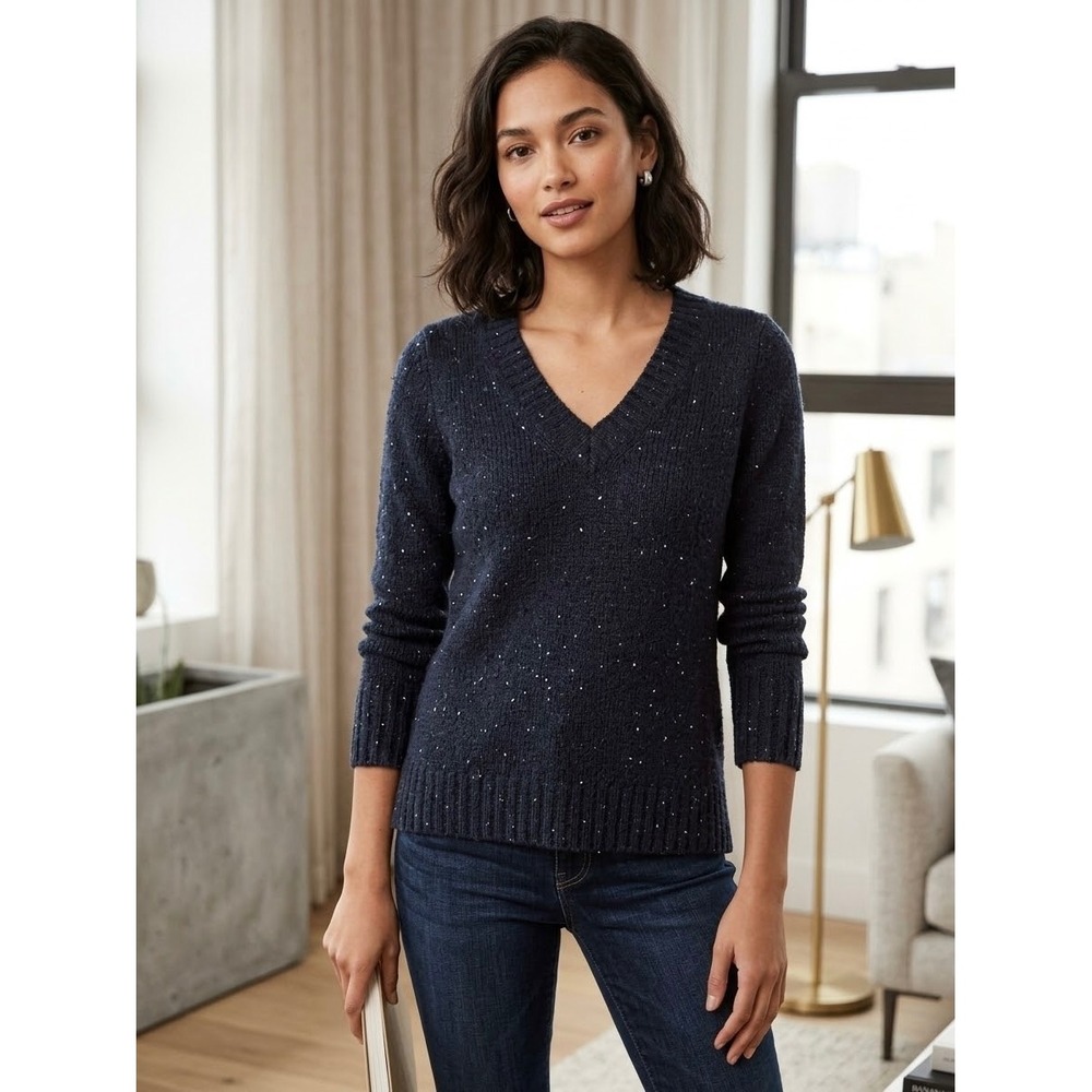 Banana Republic Navy Blue Sequin V-Neck Lambswool Angora Blend Sweater Small